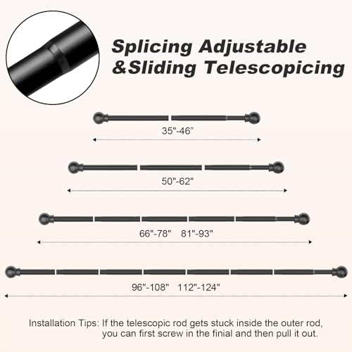 Black Curtain Rods for Windows 35"- 46", Decorative Drapery Rod Adjustable by Splicing, 5/8 inch Small Curtain Rod for Bedroom, Living Room, Kitchen and Outdoors