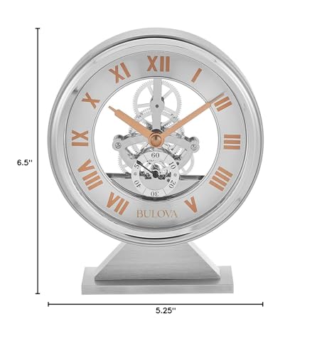 Bulova Torrance Brushed Aluminum Clock B1721 | Exposed Skeleton Design | Quartz Movement | Glass Panel Design | 5.25 x 6.5 Inch