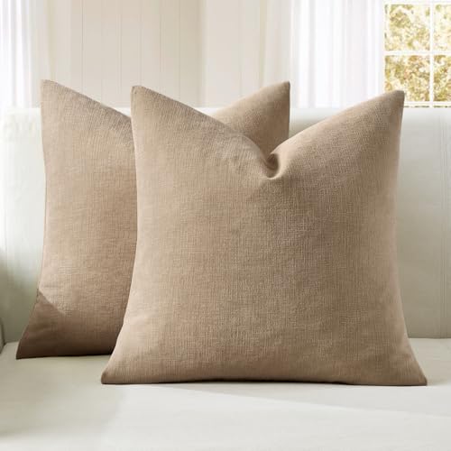MIULEE Light Brown Couch Pillow Covers 18x18 Inch, Set of 2 Chenille Decorative Square Throw Pillow Covers Farmhouse for Sofa Living Room Bed