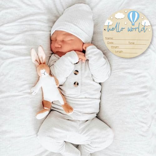 Baby Announcement Sign, 5.9 Inch Wooden Hello World Newborn Signs, Birth Announcement Sign and Pen, Hot Air Balloon and White Cloud Decoration, Welcome Newborn Arrival to World (Blue)