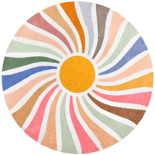 Topotdor Sun Rainbow Round Rug,Colorful Boho Kids Rug Ultra Soft Washable Nursery Rug for Bedroom Perschool Classroom,47" Round