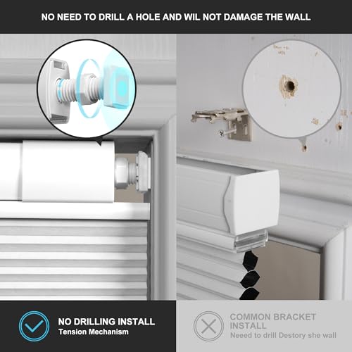 Boolegon No Drill No Tools Cellular Shades Top Down Bottom Up Honeycomb Blinds Blackout Cordless Window Blinds Easy to Install Cellular Shade for Windows,Blackout-White,34.5" W x 64" H..