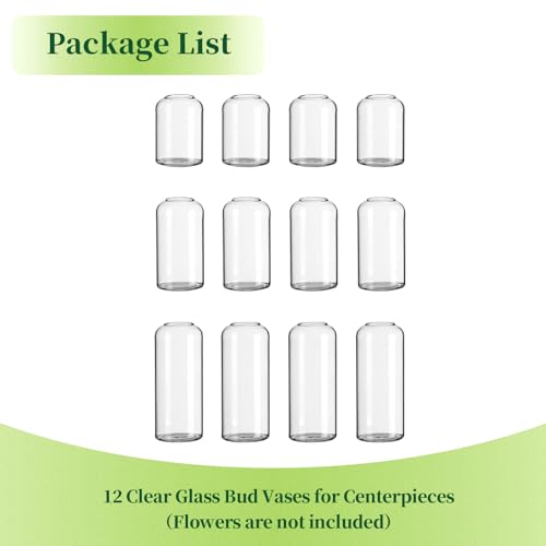 Glass Bud Vases for Flowers - Hewory Blown Modern Small Glass Vases for Centerpieces Set of 12, Mini Clear Bulk Flower Vases for Wedding Party Events Home Decor Floral Arrangement (Not Include Flower)