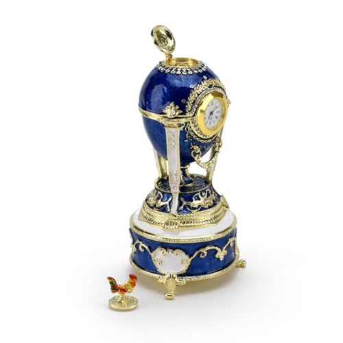 MusicBoxAttic Gold Accented Quartz Clock 18 Note Blue Musical Jeweled Faberge-Style Egg with Rooster-Many Songs to Choose-Candle in The Wind