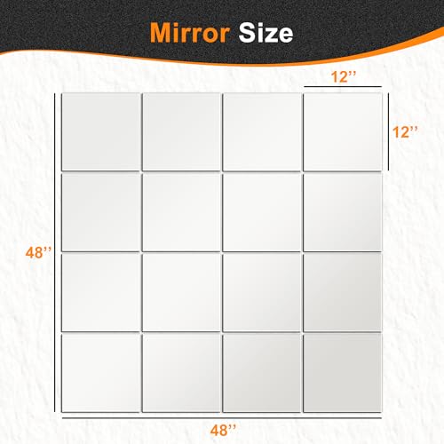 Delma Home Gym Mirrors, 12'' x 12'' Glass Mirror Tiles (16 PCS), Square Large Wall Mirror for Home Gym, Bedroom, Door,Bathroom, Frameless Mirror Sets