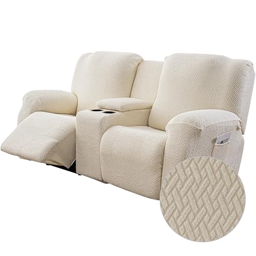 Genina Recliner Loveseat Covers with Console, Stretch Reclining Sofa Covers, 2 Seater Couch Cushion Stripe Jacquard Recliner Slipcovers - Furniture Protector Covers for Pet Kid (Beige)