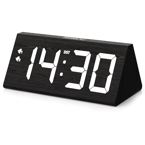 Wooden Digital Alarm Clock with Dual USB Charging Ports, DST, Dimmable, Snooze, Modern Large Time Display LED Clock for Kids Bedrooms, Living Room, Desk, Table, Bedside, Nightstand (Black)