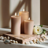 Fluted Ribbed LED Pillar Candles, Blush Beige, with Realistic Reflective Melted-Wax Effect – Flickering Flame, Remote, Dimmable, Flameless, Battery Operated, Home & Wedding Decor (Set of 3)