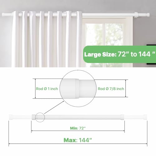 White Curtain Rod 72-144 inch, 1" Heavy Duty Curtain Rods for Windows Outdoor, Patio, Living Room, Bedroom, Metal Modern Drapery Pole with End Caps, 6 to 12 ft Drapery Rod