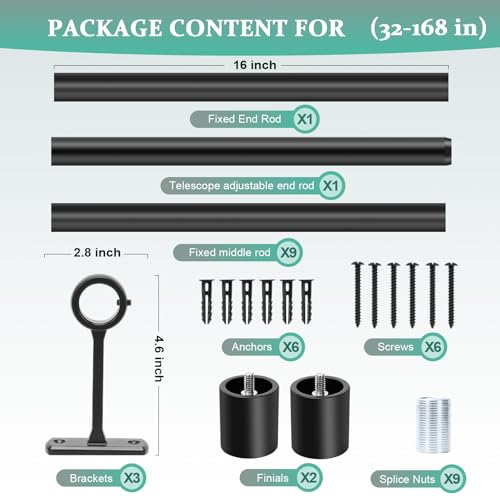Curtain Rods for Windows 120 to 170 Inches Long, Adjustable 1 Inch Black Curtain Rod for Outdoor Indoor, Modern Heavy Duty Drapery Rod, Ceiling Mount 14ft Room Divider, All Metal, Easy Install