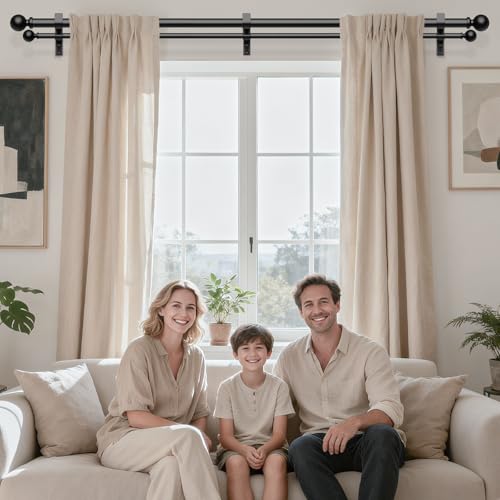 Double Curtain Rod 36-91 Inch, Black Dual Curtain Rods for Windows, 1 Inch Decorative Adjustable Heavy Duty Telescopic Spliced Window Treatment Rods Set for Bedroom Living Room Farmhouse