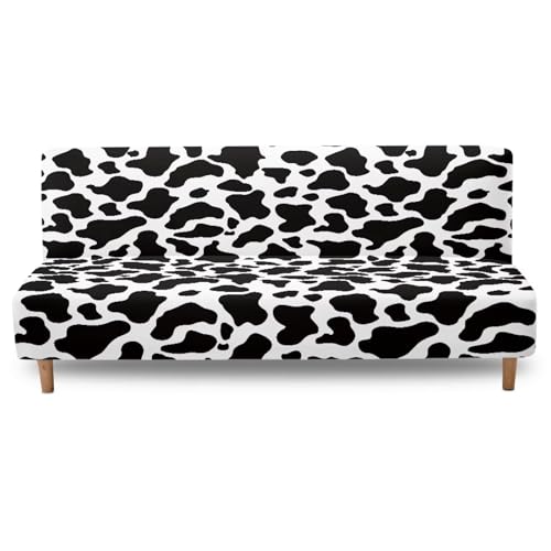 Black White Cow Pattern Armless Futon Cover, Machine Washable Sofa Slipcover with Stretch Bottom Anti-Slip Non Armrest Couch Chair Covers