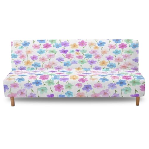 Colorful Cherry Blossom Print Armless Futon Sofa Cover, Anti Scratch Furniture Protector Breathable Folding Sofa Bed Slipcover with Stretch Bottom for Kids and Pets