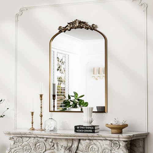 Traditional Vintage Gold Mirror, Antique Arched Mirror, Bronze Decor Wall Mirrors, Large Baroque Mirror with Aluminum Frame, Ornate Mirrors for Bathroom, Living Room, Fireplace (30"x22")