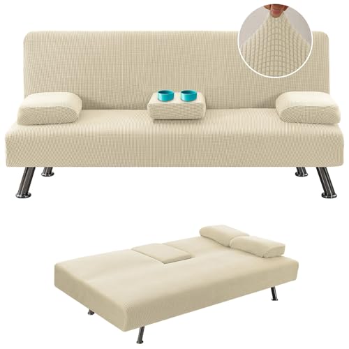 Futon Cover Stretch 4 Pieces Futon Sofa Bed Cover Washable Futon Bed Cover Removable Armrests and Cupholders Covers,Off White