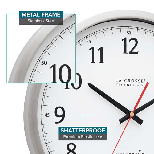 La Crosse Technology 404-1235UA-PL UltrAtomic 14 inch Stainless Steel Wall Clock, Shatterproof Lens, Silver