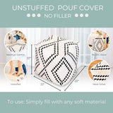 Unstuffed Boho Pouf Ottoman Cover – Modern Bohemian Living Room Decor, Kids, Nursery, Dorm Room – Minimalist Storage Solution, Foot Rest – Hand-Tufted Square Neutral Removable