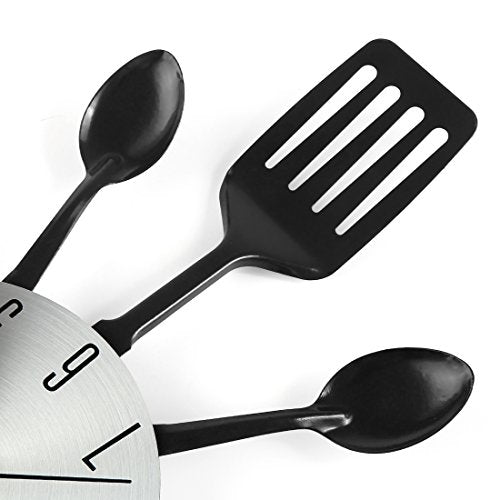 16 Inch Cutlery Kitchen Wall Clock - Silent Non-Ticking, Battery Operated, Fork & Spoon Design for Home, Dining Room Decor, for Mom, Wife, Cooking Lovers