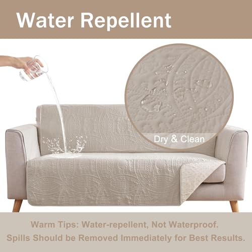 Quilted Beige Sofa Slipcovers with Pockets, Anti-Slip Medallion Couch Covers for Sofa, Couch Cover for Dogs Cats Water-Repellent Machine Washable Sofa Cover (Large Sofa 68", Beige Cream)