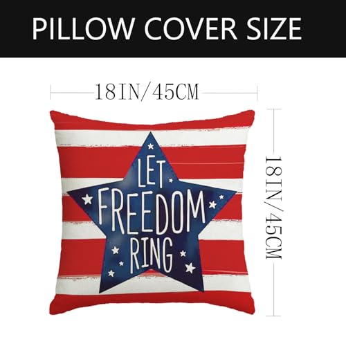 4th of July Pillow Covers 18x18 Inch,Set of 4 Red White Blue Summer Outdoor Throw Patriotic Pillow Covers,USA Flag Linen Fourth of July Independence Memorial Day Cushion Case for Sofa Couch Decor