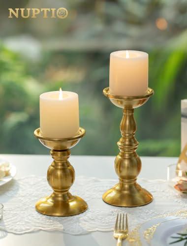 NUPTIO Gold Candle Holder for Table: Tall Brass Stand for 3" Pillars