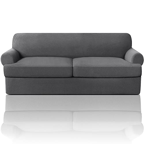 PrinceDeco 3 Pieces Loveseat Slipcover Bundle T Cushion Seat Couch Covers, Grey
