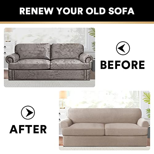 PrinceDeco T Cushion Sofa Slipcover 3 Pieces Sofa Covers for T Cushion Couch Soft Couch Covers Sofa Slip Cover Furniture Covers with 2 Individual T Shape Seat Covers Width Up to 88", Sand