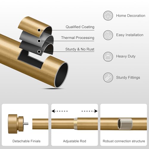 PORTRES Gold Heavy Duty Curtain Rods for Windows 66 to 120 Inches Adjustable Length 1" Diameter Brass Curtain Rod with Modern Decorative Finials for Outdoor Bedroom Kitchen Living Room
