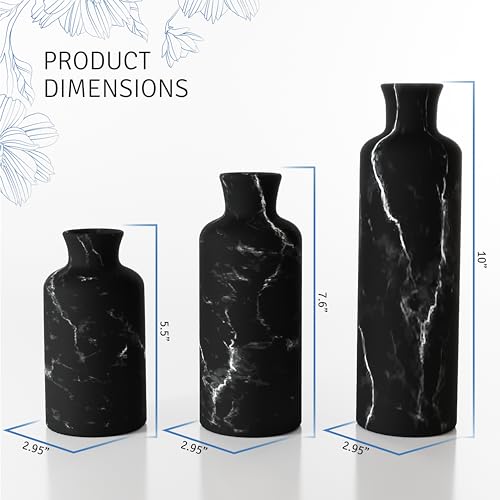 Creative Scents Black Marble Look 3pc Vase Set – Boho Vases for Decor, Modern Vases for Holding Pampas Grass, Dried/Fresh Flowers, Vases for Living Room - Kitchen, Bedroom, Office, Shelf Decor