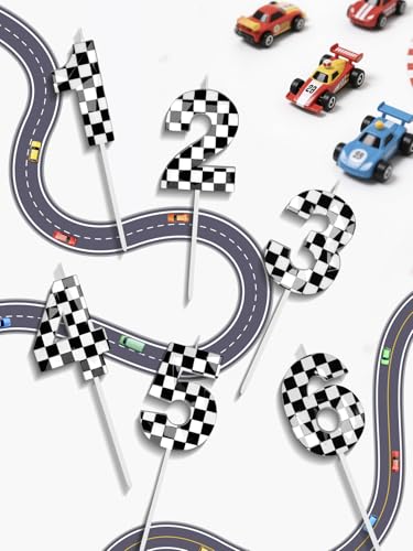 Number 2 Racing Cars Birthday Candles,2.68 Inch Black White Checkered Birthday Number Candles, Cool Racing Themed Number Candles for Boys and Girls, Kids Race Car Themed Party Decorations Supplies