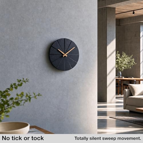Driini Staircase Modern Wall Clock - Unique Frameless Concrete Design - Contemporary, Minimalist Decor; No Numbers - Silent Battery Operated Clocks with Decorative Wooden Hands (Black + Oak, 10.5″)