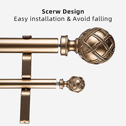 Ycolnaefllr 1 Inch Diameter Double Curtain Rod Set for Windows Heavy Duty Double Window Treatment Curtain Rod Adjustable from 48 to 84 Inch, Resin Finials with Curtain Holdbacks,Gold