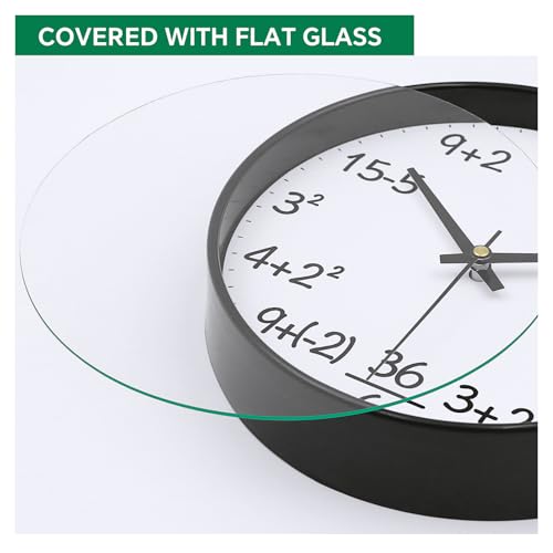 VIKMARI Glass Wall Clock 12 Inch Math Teaching Style Clock White Battery Operated Quartz Silent Non Ticking Wall Clocks for Classroom Bedroom Study Room