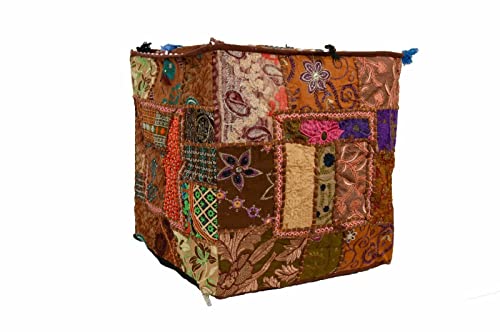 22" Indian Ethnic Cotton Ottoman Vintage Embroidered Patchwork Square Pouf