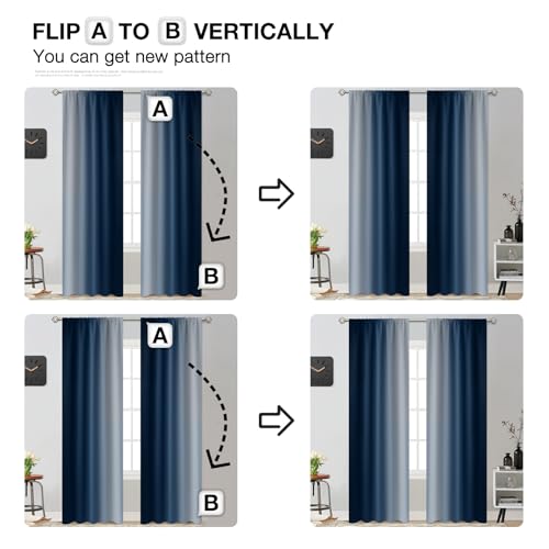 Yakamok Light Blocking Ombre Curtains, Room Darkening Thermal Insulated Gradient Color Curtains, Rod Pocket Window Drapes for Living Room/Bedroom (Blue and Greyish White, 2 Panels, 52W x 84L Inch)