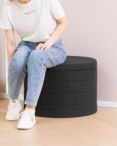B FSOBEIIALEO Folding Storage Ottoman, Round Sherpa Ottomans, Dark Grey
