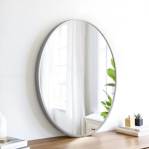 SCWF-GZ 20x30 Oval Mirror Round Full Length Wall Mounted Hanging or Against Wall Metal Aluminum Alloy Frame Dressing Make-up Mirrors for Entryway Bedroom Bathroom Living Room 30 20 inch Silver