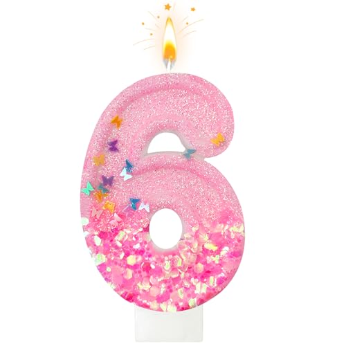 Pink Sequin Birthday Candles, Cake Number Candles, Girls 0th Birthday Decorations, Suitable for Birthday Parties, Anniversary Party Decorations(6)
