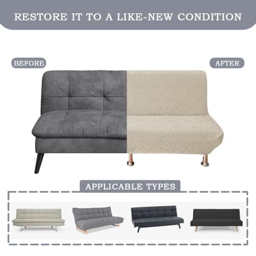 Futon Cover Slipcover Super Stretch Full Size Soft Armless Sofa Bed Slipcover Jacquard Futon Sofa Cover Furniture Bed Protector with Non-Slip Elastic Bottom Beige