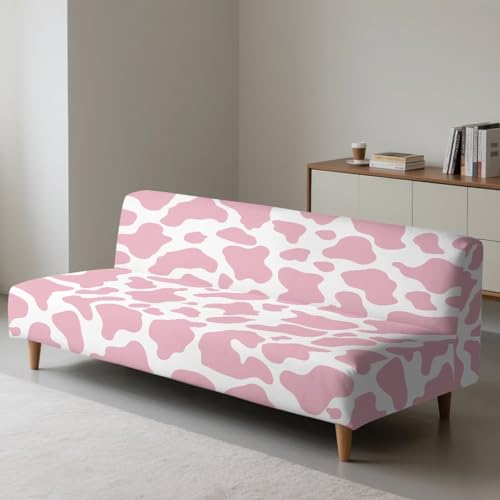 Pink Cow Print Non Slip & Dustproof Protector Futon Covers Stretchy Sofa Couch Slipcover with Elastic Bands Armless Sofa Couch Slipcover Machine Washable
