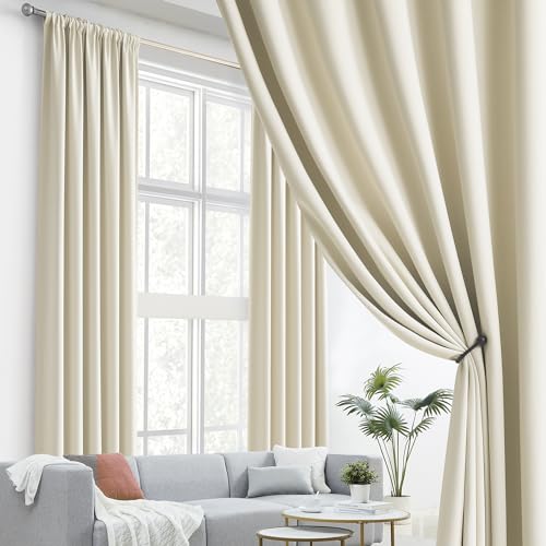 DUALIFE Beige Curtains 102 Length 2 Panels, Cream Blackout Curtains Thermal Insulated Window Treatment Room Darkening Drapes for Living Room Back Tab/Rod Pocket, 52 by 102 Inches Long