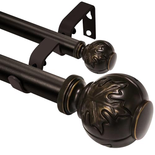 Heavy Duty Adjustable Double Curtain Rod for Windows 28 to 48 Inches – 1 Inch Diameter Decorative Rods with Maple leaf Finials & Sturdy Brackets for Living Room, Bedroom – Easy to Install, Bronze