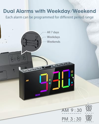 Roxicosly RGB Display Vibrating Alarm Clock with Bed Shaker for Heavy Sleepers Adults, 7-Level Dimmer, Dual Alarms with Weekday & Weekend Mode, Large Digits, Snooze, USB Charger, Battery Backup