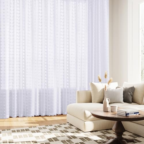Guken White Sheer Curtains 84 Inch Length 2 Panels Sets for Living Room Bedroom 38 Inch Width Boho Drapes Light Filtering Pom Pom Curtains Semi Sheer Nursery Girls Rod Pocket,W38xL84