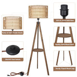 Boho Tripod Floor Lamps for Living Room, Rattan Wood Floor Lamp with Fabric Shades, Mid Century Standing Lamp with Shelf, Foot Switch, Modern Farmhouse Tall Lamps for Bedroom Office Brown