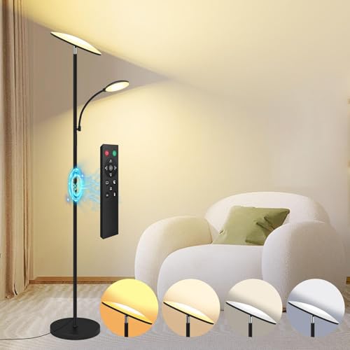 Floor Lamp, Upgraded 42W 4500LM Super Bright LED Floor Lamp with Rotatable Reading Light, Touch Remote Control & Memory Function, Stepless Dimmable Standing Lamp for Living Room Bedroom Office, Black
