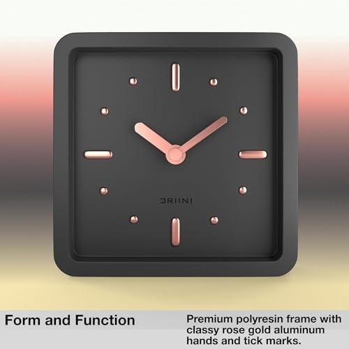 Driini Modern Mid Century Desk & Shelf Clock (Black Rose Gold) - Battery Operated with Silent, Analog Movement – Small Tabletop Clocks for Office – Perfect for Mantle, End Table, Desktop or Nightstand
