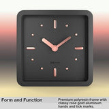 Driini Modern Mid Century Desk & Shelf Clock (Black Rose Gold) - Battery Operated with Silent, Analog Movement – Small Tabletop Clocks for Office – Perfect for Mantle, End Table, Desktop or Nightstand