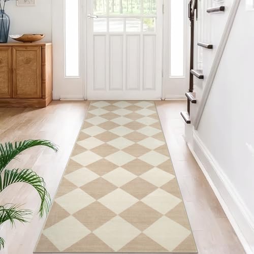 Checkered Print Carpet Runners for Hallway 6ft, Beige Ultra Thin Washable Kitchen Runner Rug Non Slip, Moroccan Plaid Checkerboard Decor Faux Wool 2x6 Rug for Bedroom Bathroom Entryway