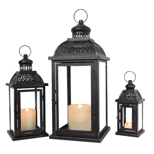 Lanterns Decorative Indoor&Outdoor, 19’’&14’’&10’’ Extra Large Metal Candle Lanterns, Vintage Candle Holders Farmhouse Shelf Wedding Front Porch Patio Decor, Christmas Halloween Decorations for Home
